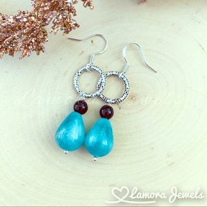 Blue Earrings Agate Stone Silver Drop / dangle Earrings